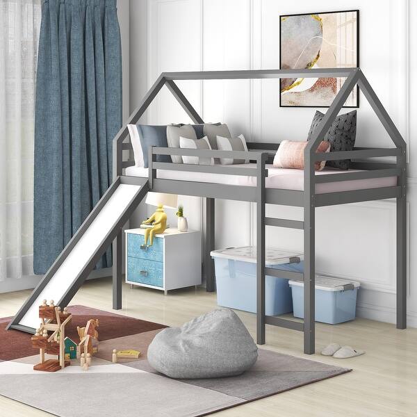 slide 2 of 15, Stylish and Playful Design Wood Loft Bed with Slide, Ladder and Roof, Twin size Grey