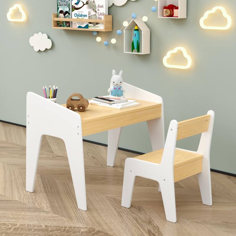Kids Study Table and Chair Set 1 Piece Wooden Kids Furniture White Natural