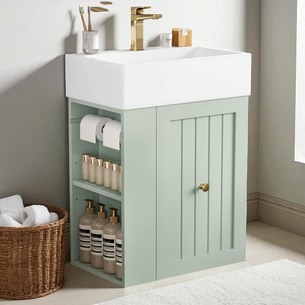 20 Inch Wall Mounted Bathroom Vanity with Ceramic Sink, MDF Floating Cabinet with Drawer and Side Shelf