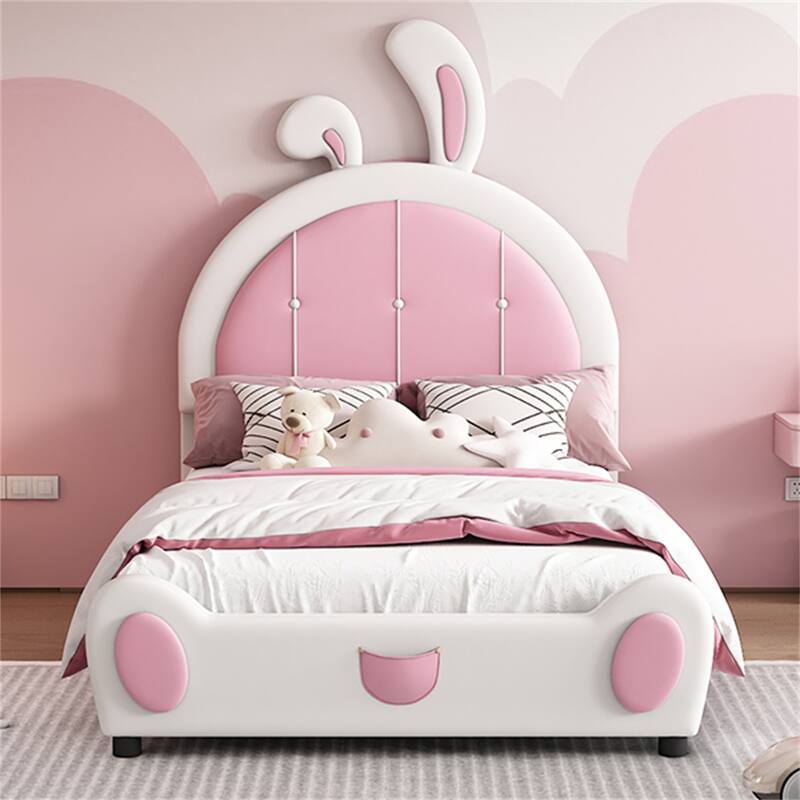 Twin Size Upholstered Platform Bed with Rabbit Shaped Headboard