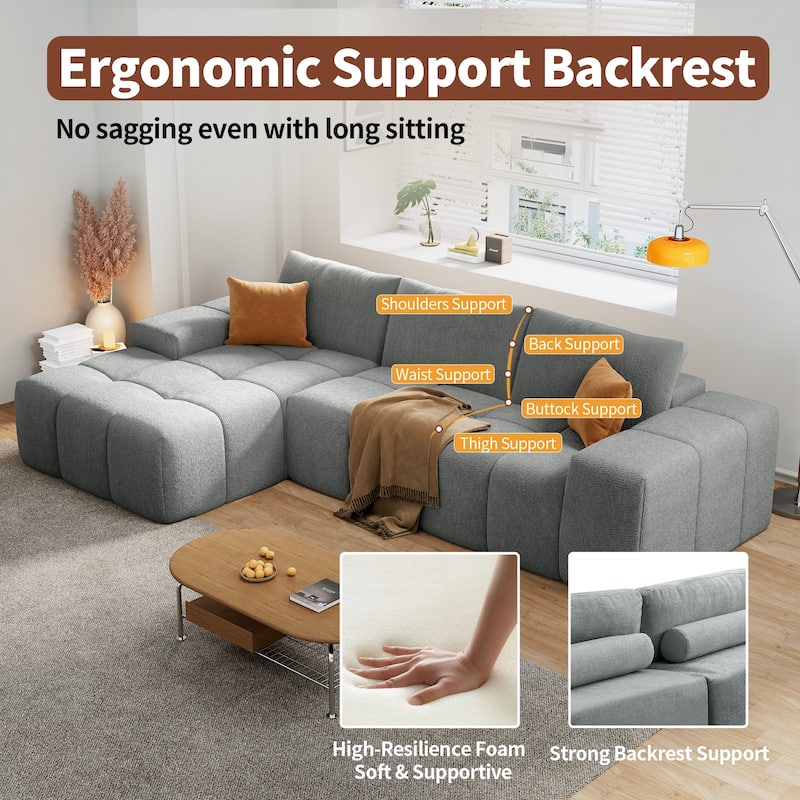 L-Shaped Modular Sectional Sofa with Chaise Lounge, Full Compression Deep Seat Sofa, Upholstered 3 Seater Sofa with 3 Pillows