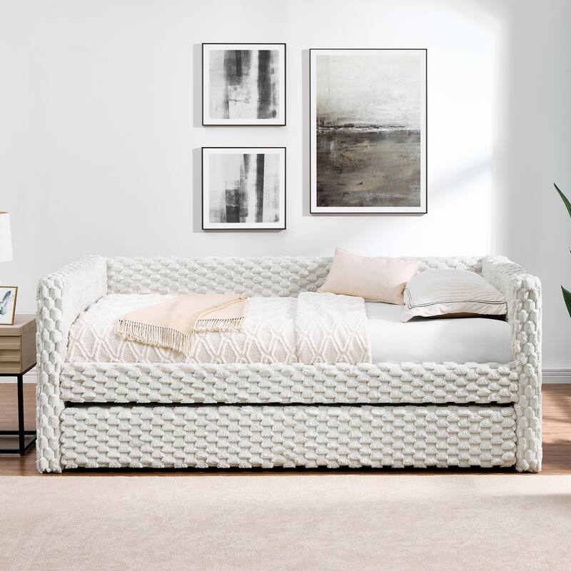 Modern Twin Size Upholstered Sofa Bed with Pull-Out Feature, Beige Plaid Corduroy Fabric