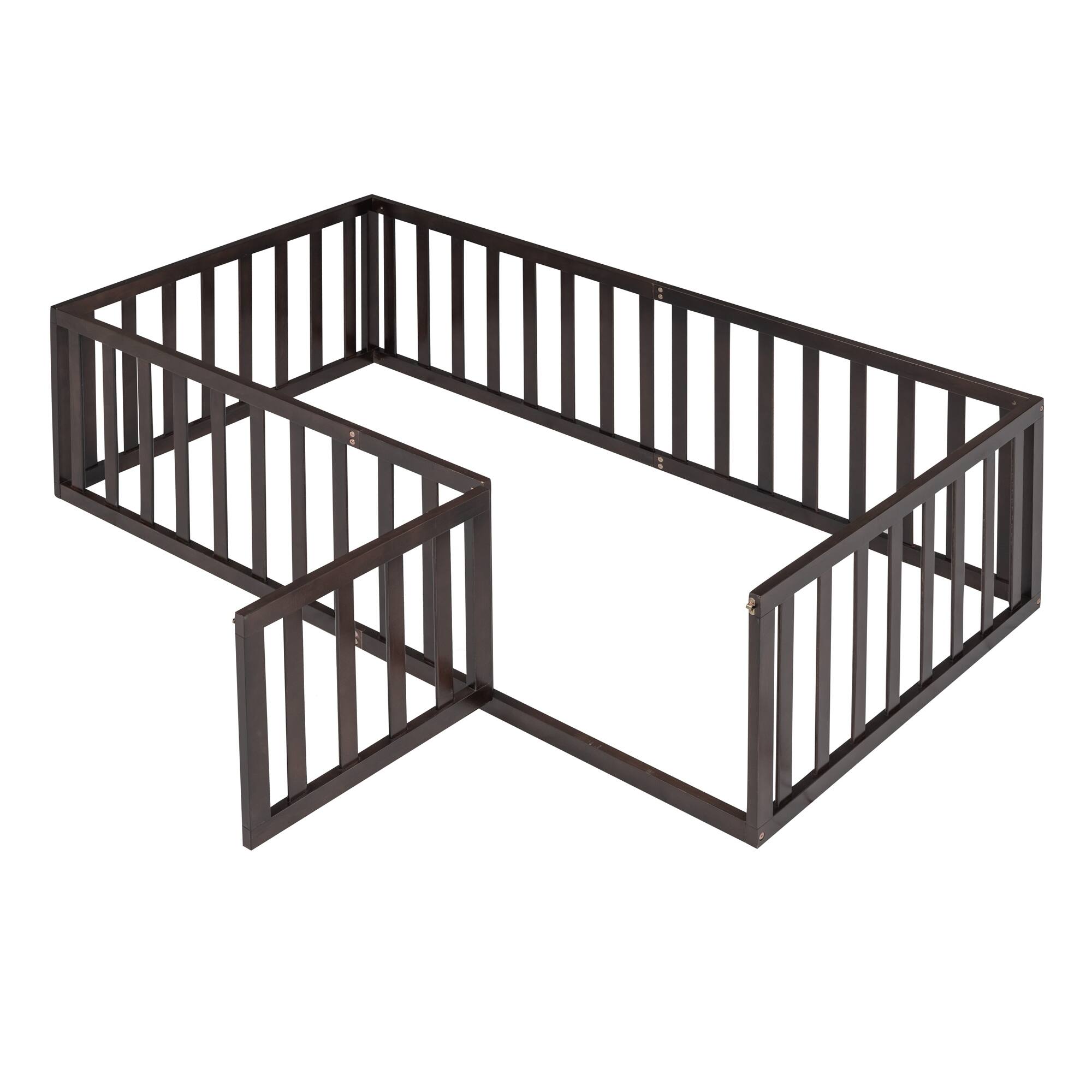 Walnut Twin Size Wood Floor Bed Frame with Fence and Door Versatile