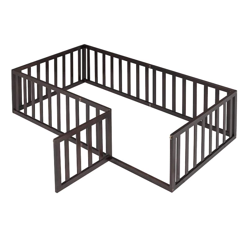Wood Floor Bed Frame with Fence and Door, Sturdy and Durable Bed Frame, Twin Size