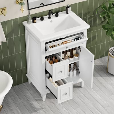 24" Bathroom Vanity with Sink - Solid Wood/MDF Cabinet, Flip Drawer + 2 Drawers, Adjustable Shelf