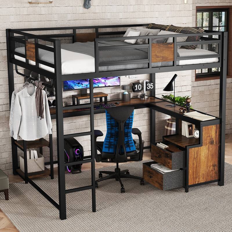 Heavy Duty Metal Loft Bed Frame with Ladder, Queen Size High Loft Bed with L Shaped Desk and 2 Drawers, Noise Free Slats