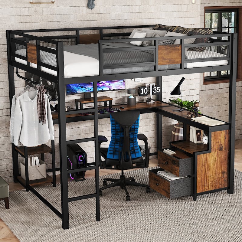 Queen Loft Bed with Desk and Storage Non-woven Fabric Drawers, Metal Loft Bed Frame with Ladders, Nosie-free