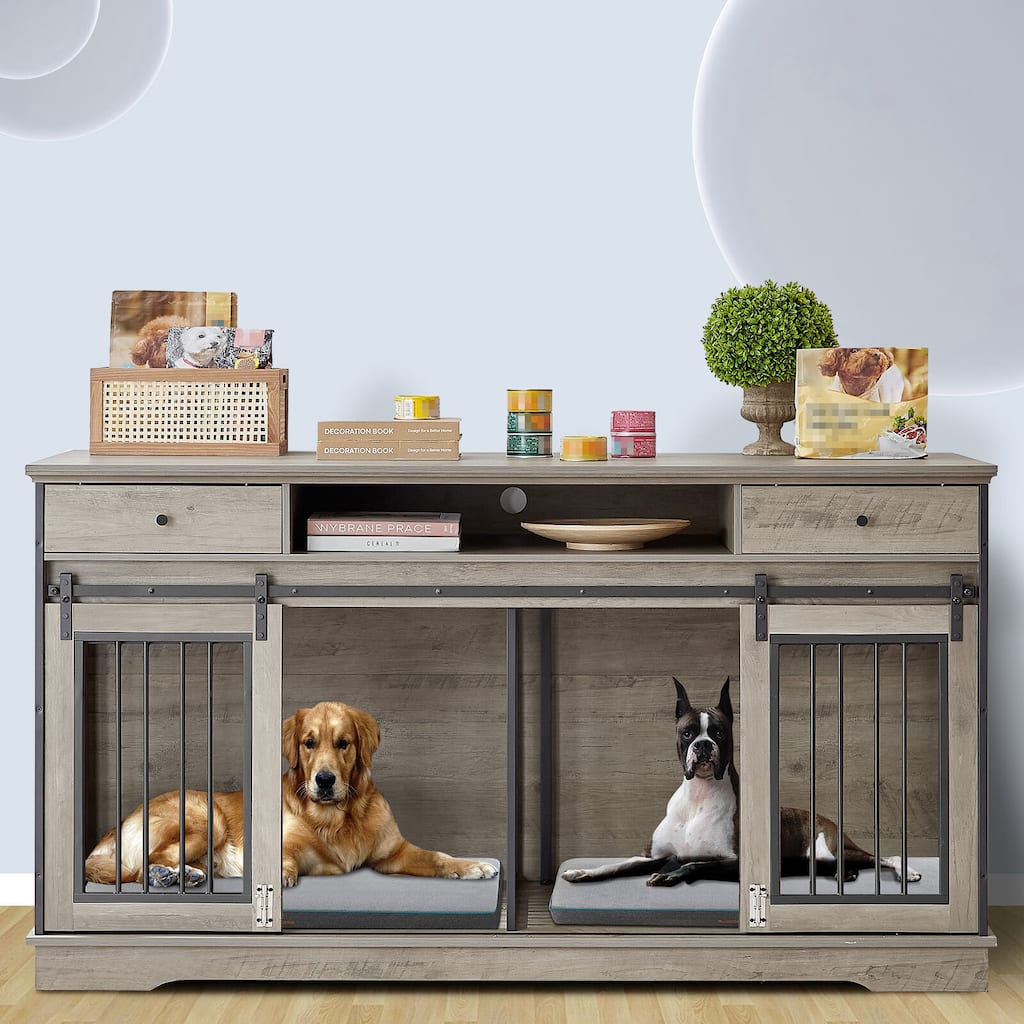Sapphome Dog Crate Furniture Large Breed TV Stand with Drawer & 2 Sliding Doors, Grey