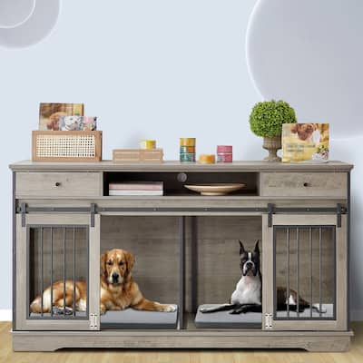 Sapphome Dog Crate Furniture Large Breed TV Stand with Drawer & 2 Sliding Doors, Grey