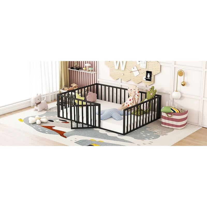Metal Floor Bed Frame with Fence & Door