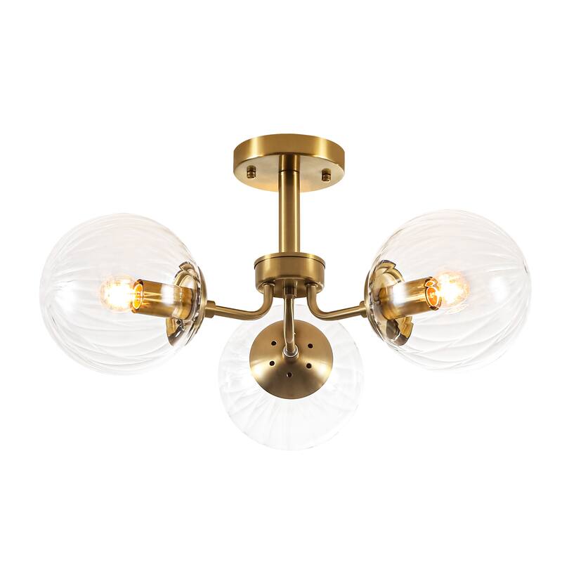 3-Light Mid-Century Modern Gold Sputnik Semi-Flush Mount Light with Clear Ribbed Glass Globe for Living Room, Entryway