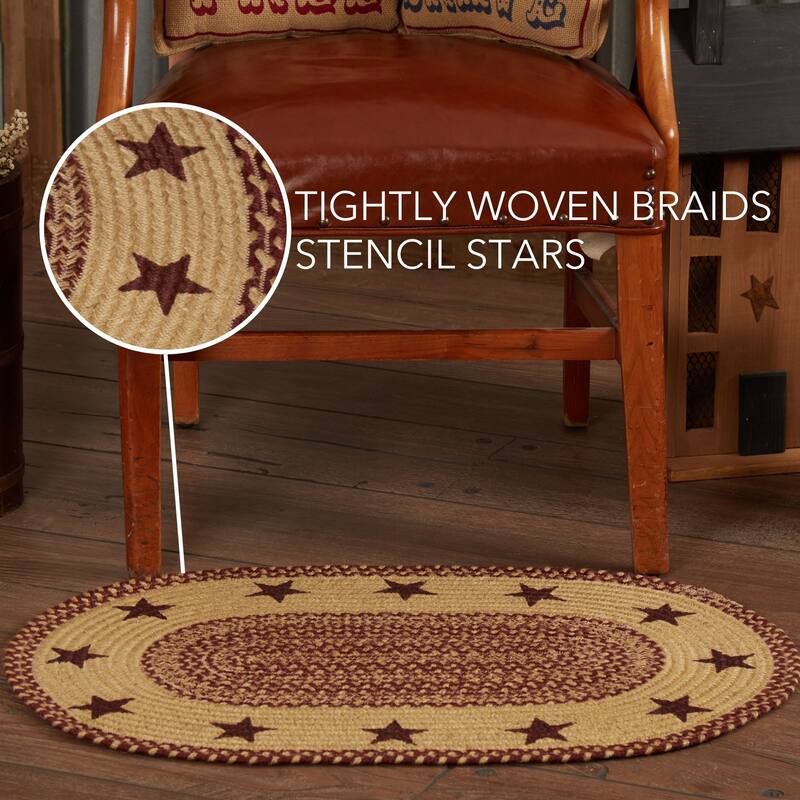 Burgundy Tan Jute Rug Oval Stencil Stars w/ Pad 20x30 - 2' x 3' Oval