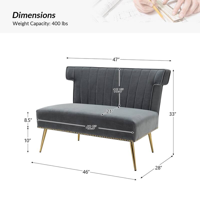Aeneas 46"in. Modern Velvet Wingback Tufted Nailhead Trim Loveseat with Metal Adjustable Legs by HULALA HOME