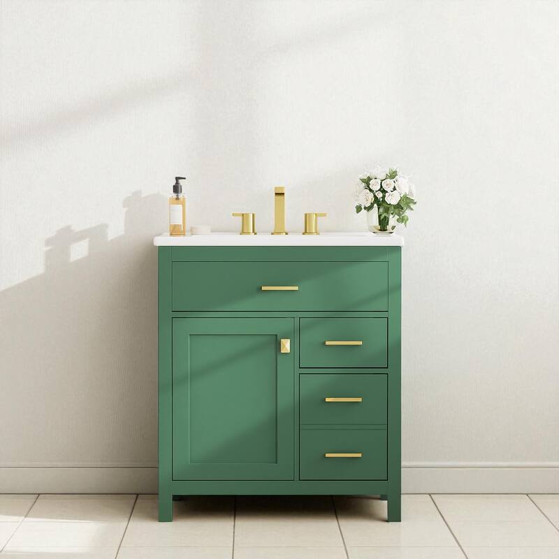 30 Inch Bathroom Vanity with Ceramic Sink, Soft Close Storage Drawers, Adjustable Shelf and Solid Wood Frame - Green