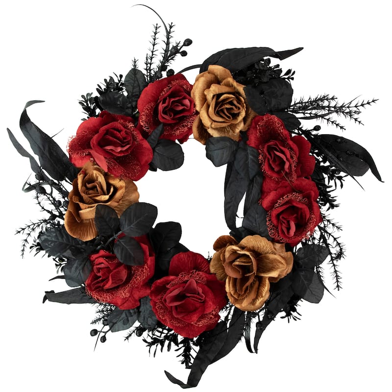 Red and Gold Roses with Black Foliage Halloween Wreath 22-Inch Unlit