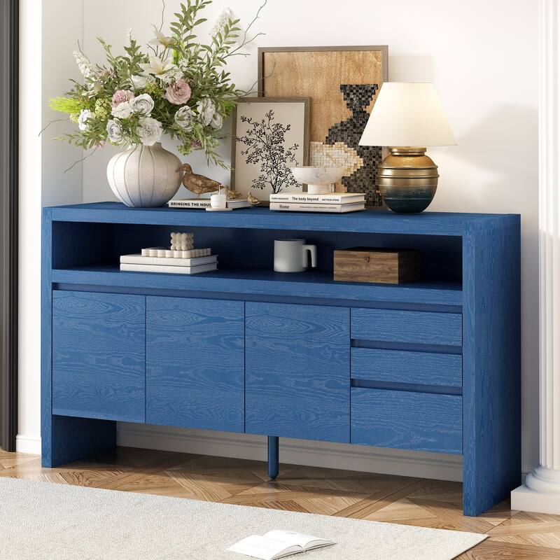 60" 3-Door Sideboard with 3 Drawers - Modern Solid Ash Veneer MDF Sideboard, Semi-Open Shelf & Center Semi-Circular