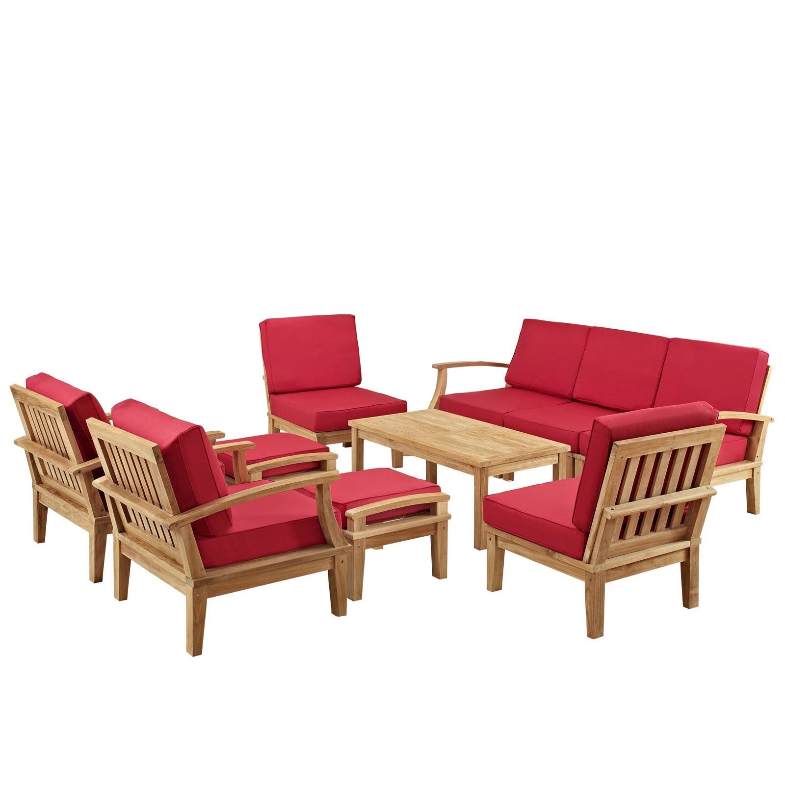 Outdoor wooden furniture set with red cushions including sofa, chairs, and ottomans around a coffee table
