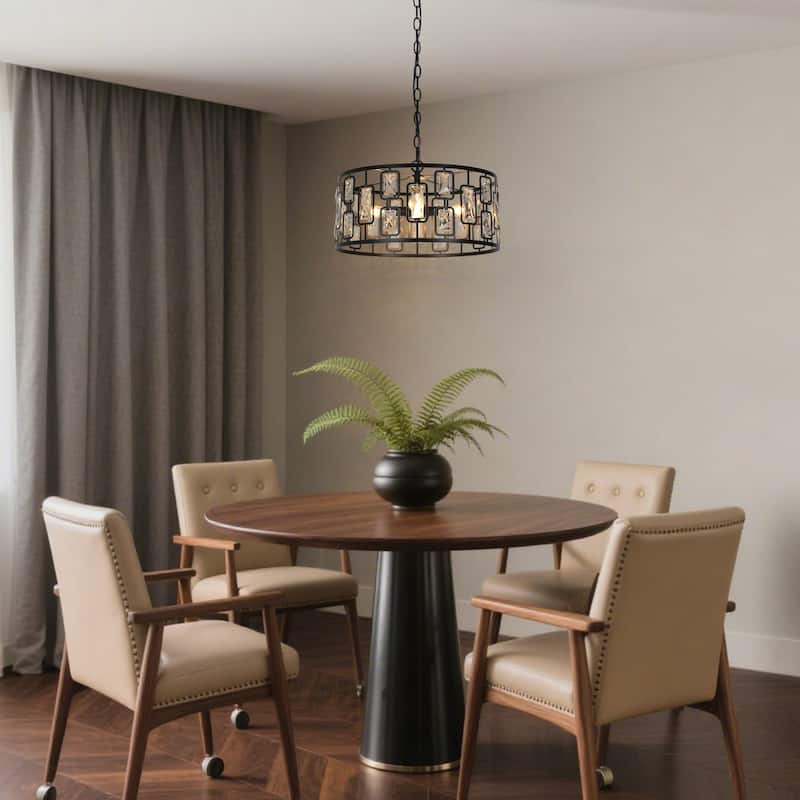 Dana Modern 4-Light Crystal Black Drum Chandelier for Dining Room Foyer - D16.5"* H9.5"