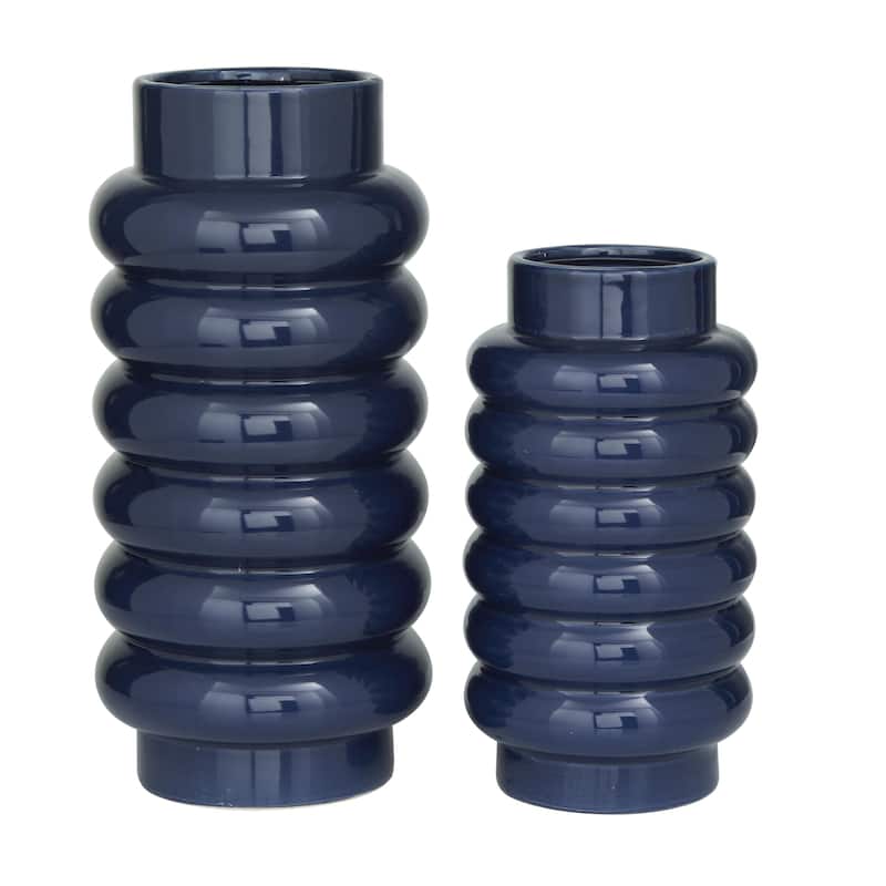 Ceramic Decorative Vase with Ring Ribbing - Set of 2 White, Yellow, Dark Blue - CosmoLiving by Cosmopolitan - Dark Blue - 16", 12"H