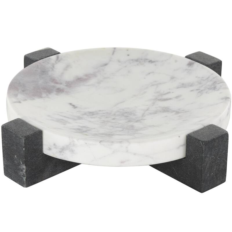 Marble Geometric Round Tray with Black X-Shaped Base - White - Roche River Decor - White - 10"W, 3"H