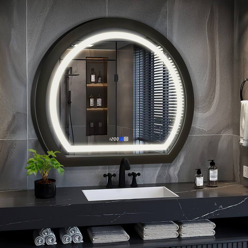 Arched Black Framed LED light Anti-fog 3 Colors Dimmable Wall Mirror - 27.6x23.6