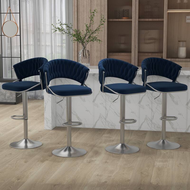 Set of 4 Bar Stool Adjustable Height with Swivel Seat - SILVER-NAVY BLUE