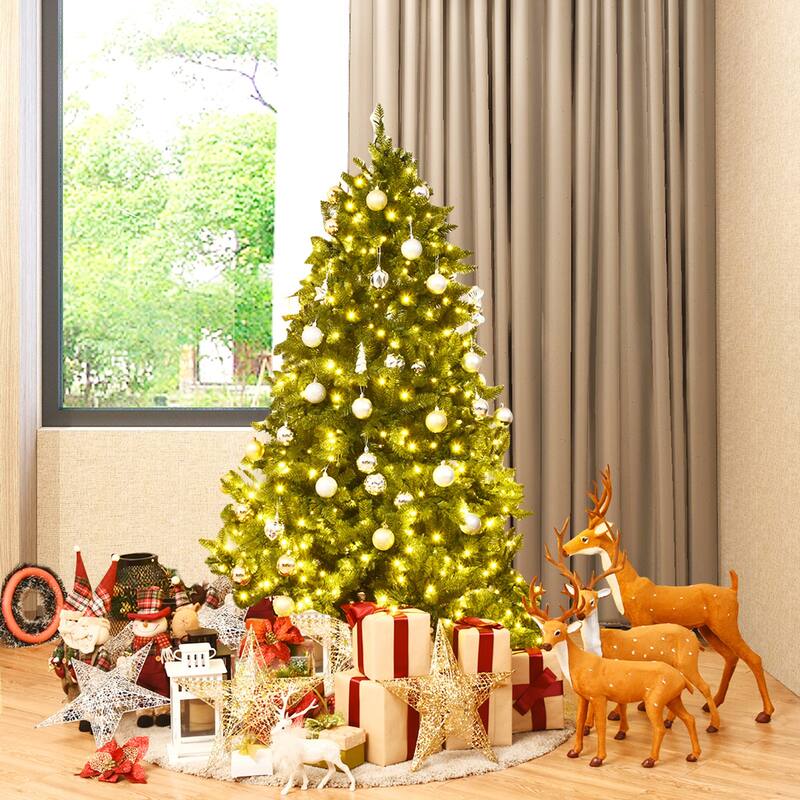 Gymax 5Ft Pre-lit Christmas Tree Hinged Fir Tree w/ 8 Flash Modes LED - See Details - Green - 5 Foot