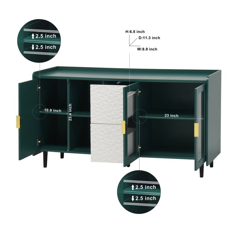Kitchen Storage Cabinet Coffee Bar Cabinet Green Sideboard wGlass Doors, 2 Drawers Buffet Table TV Console Table Display Cabinet