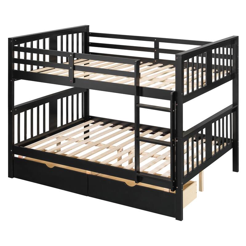 Full Over Full Bunk Bed with Drawers and Ladder, Space-Saving Bedroom Furniture in Espresso