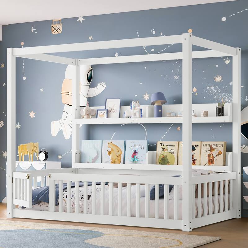 Montessori-Inspired Design Canopy Bed Kids Solid Wood Floor Bed Frame with Built-in Storage Shelves and Child-Safe Guardrails