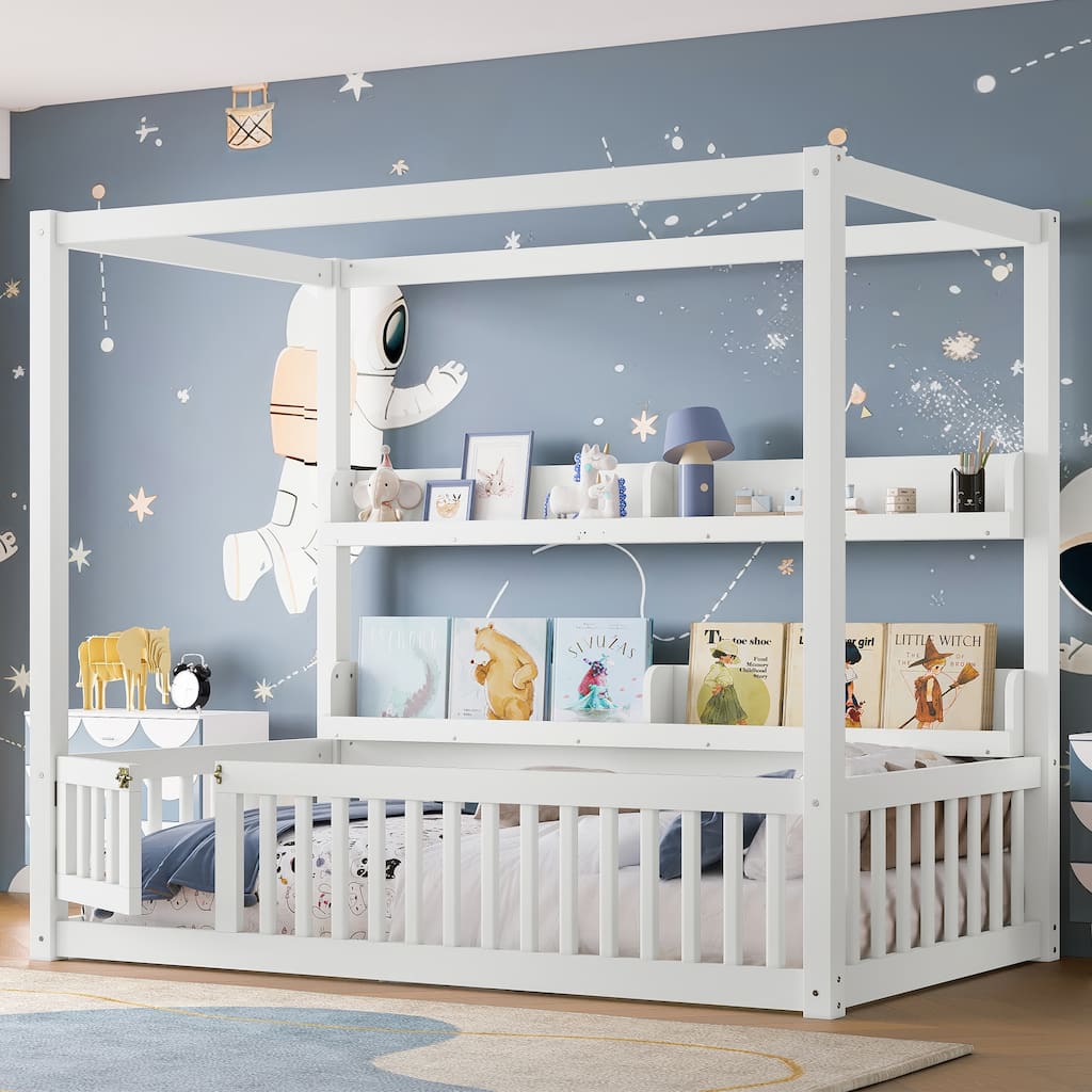 Roomfitters Canopy Floor Bed with Guardrails and Shelves, Solid Wood Montessori Frame