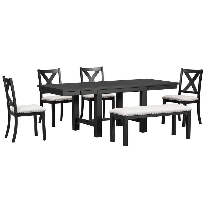 6 Piece Wooden Dining Table Set, Kitchen Dining Table and Chair Set with 2 Removable Leaf, Upholstered Dining Chairs and Bench