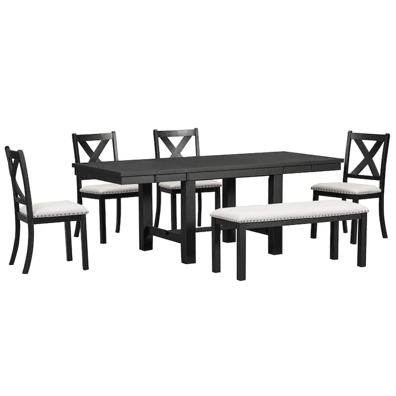 Farmhouse 6-Piece Extendable Dining Table Set with 11" Leaves, Acacia Wood Construction, Black Table, Beige Cushion, Seats 6