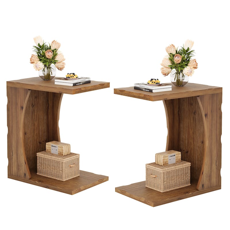 C-shaped End Table for Living Room, Solid Wood Side Table for Couch - 13.78" D x 19.69" W x 23.62" H - Rustic Brown-2 PCS