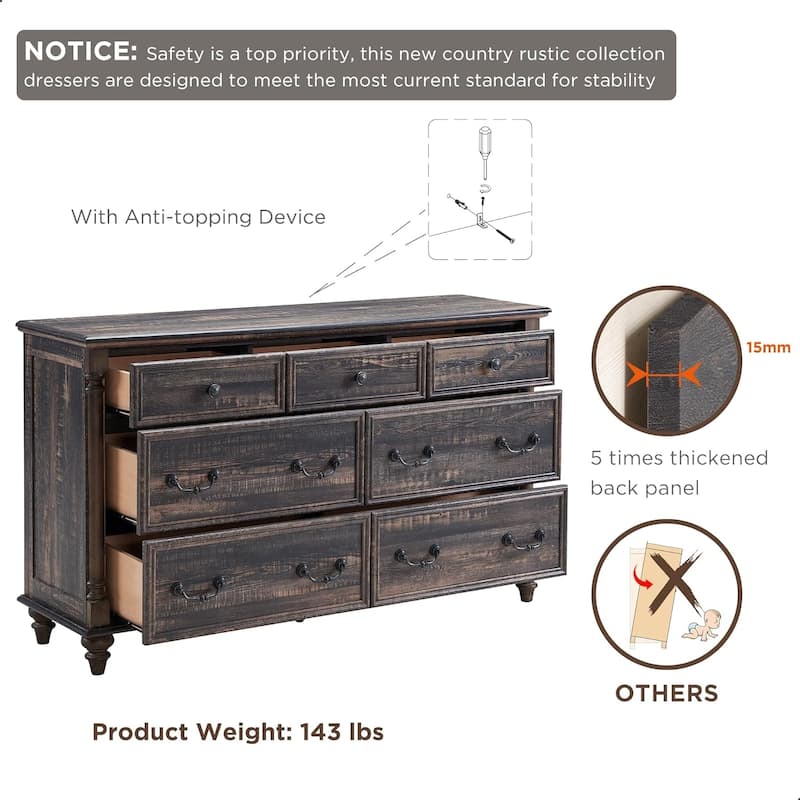 Farmhouse 7 Drawers Dresser Chests, Rustic Wood Chest of Drawers