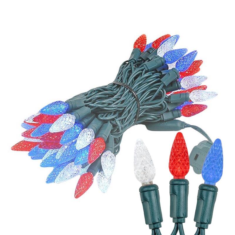 70 Light C6 LED Christmas Mini Light Set, Red/Pure White/Blue, Green Wire, 24' - Large