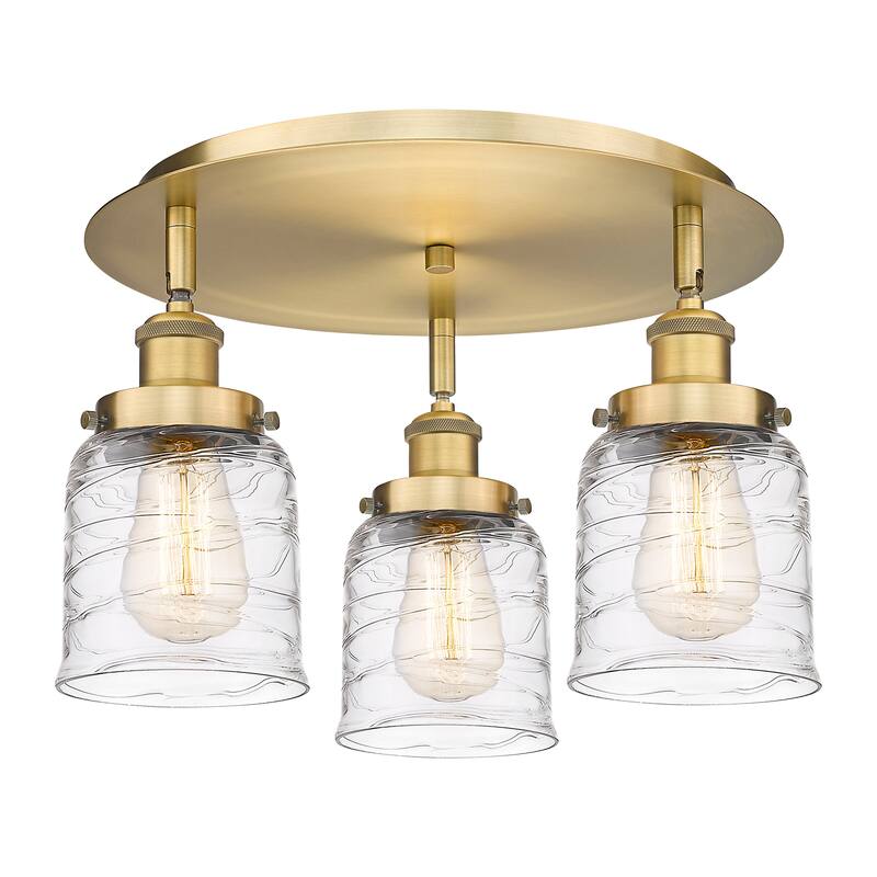 Innovations Lighting Bell - 3 Light 17" Flush Mount - Brushed Brass/Clear Deco Swirl