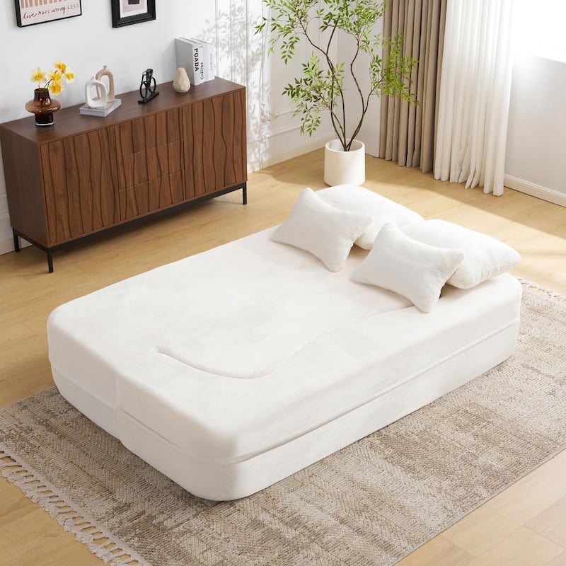 Queen Size Modern Sofa With 4 Pillows,Plush Fabric Futon Sofa Couch,High-Density Foam Folding Mattress,No Assembly Required