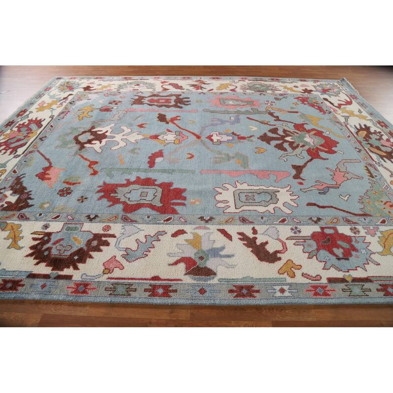 Light Blue Oushak Rug Hand-Knotted Oriental Wool Carpet - 9'2"x 11'8"