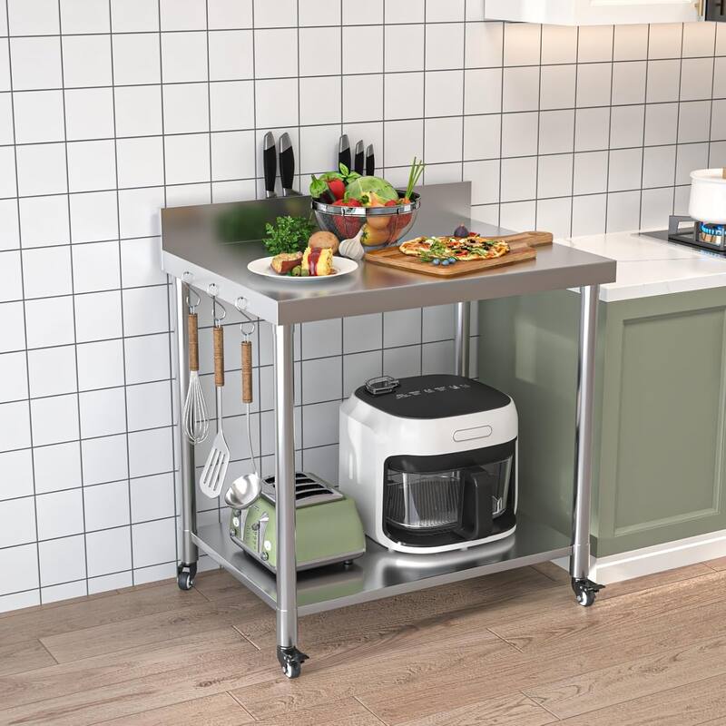 AECOJOY Stainless Steel Table with Wheels, Backsplash and Knife Blocks Prep Tables for Kitchen Steel Countertop Workbench