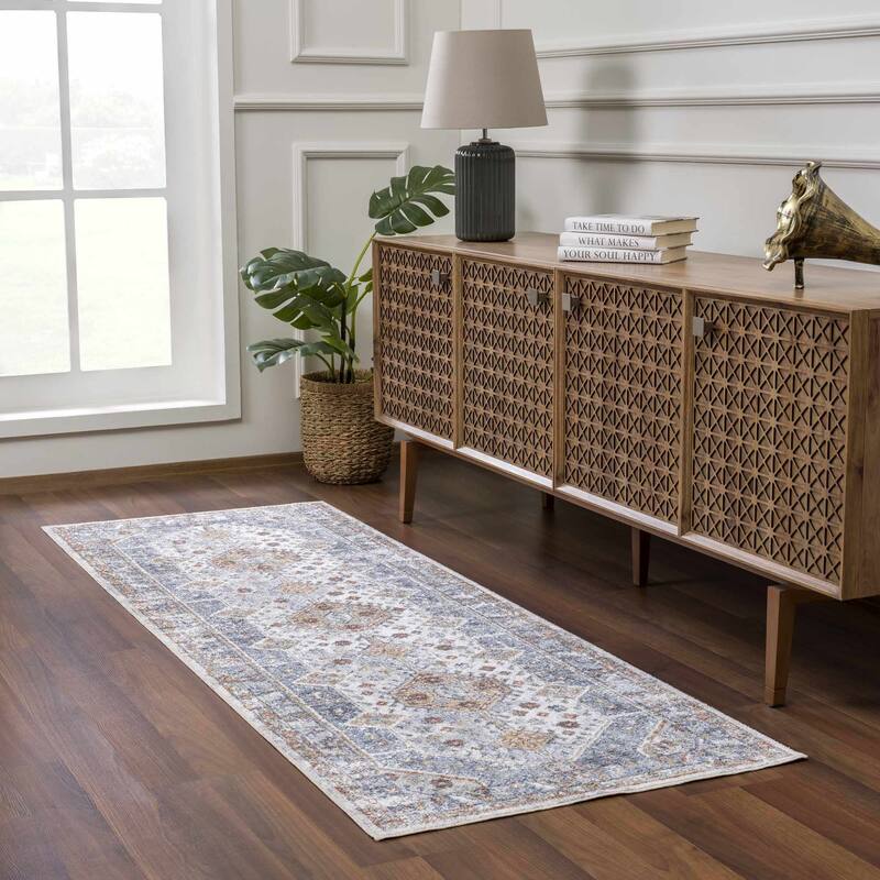 Hauteloom Afya Living Room, Bedroom Machine Washable Area Rug - Dark Blue, Light Blue, Rust - 2' x 3' - 2'7" x 7'3" - Dark Blue, Light Blue, Rust / Afya