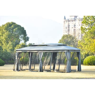110"x220" Double Top Gazebo Canopy with Oxford Cloth & Mosquito Nets, Grey