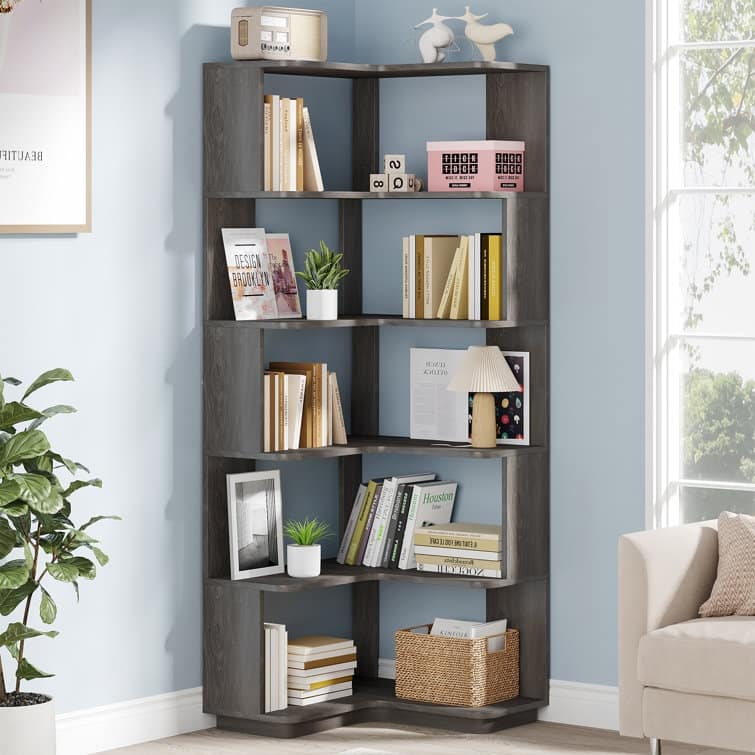 6-Tier Corner Book Shelf, 64.9"Tall Freestanding Wood Industrial Bookcase Bookshelf
