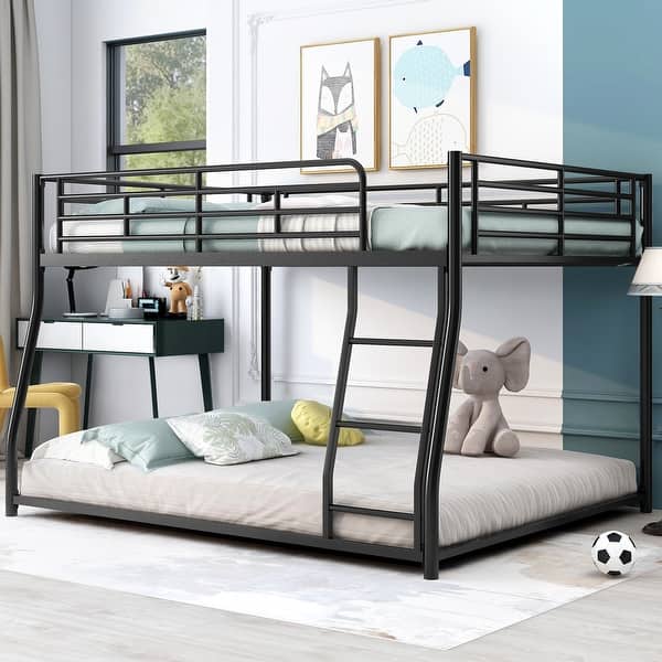 slide 2 of 8, Black Metal Floor Bunk Bed with Ladder Full XL over Queen - Black