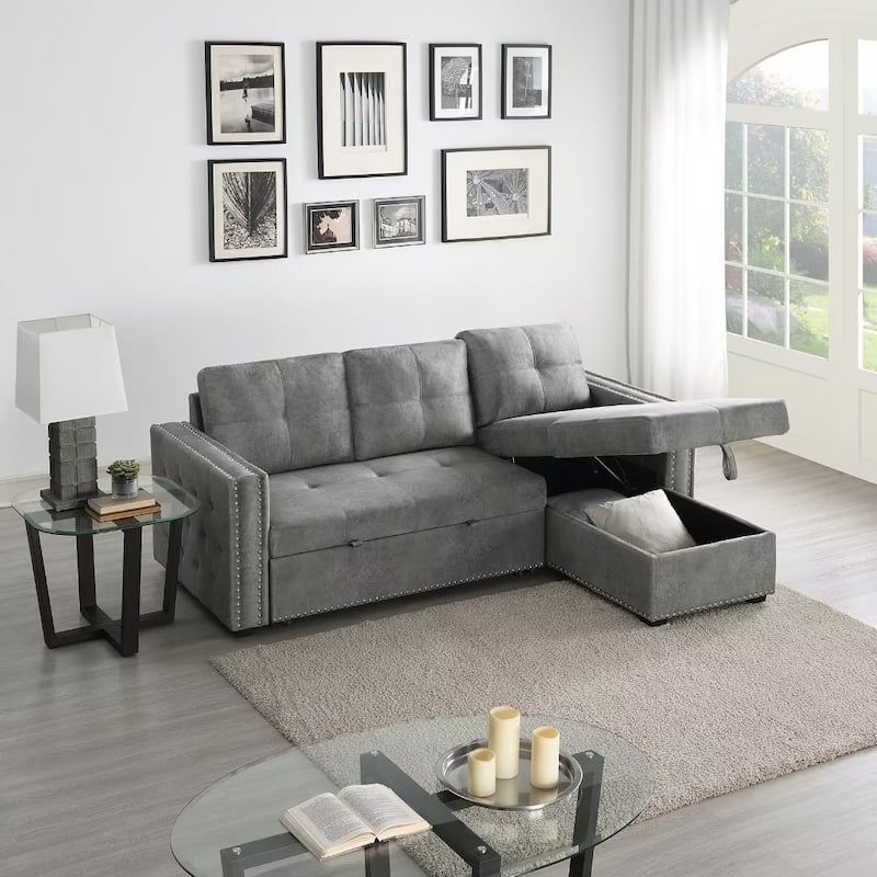 Morden Fort Reversible L-Shaped Sofa Bed with Storage - Velvet Upholstery, Button Tufting, and Nailhead Trim