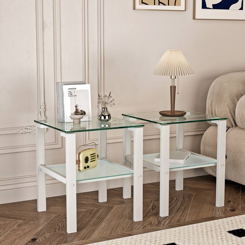 Set of 2, Glass two layer tea table, small round table, bedroom corner table, living room side table,Black - White