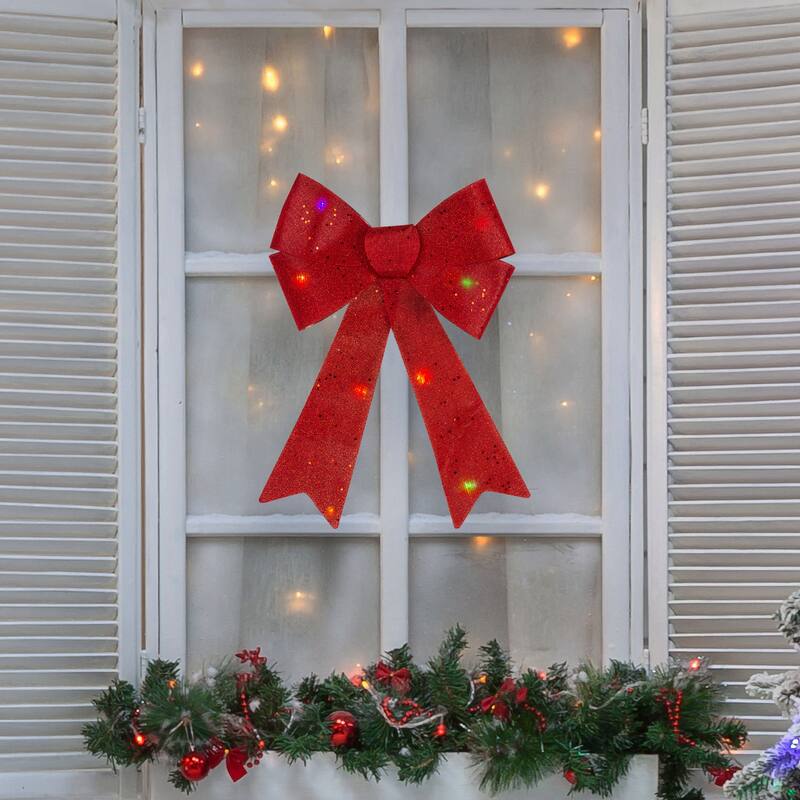 16" LED Lighted Glitter Burlap Bow Christmas Decoration with Color Changing Lights