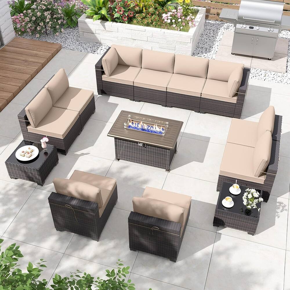 13-Pieces Wicker Patio Furniture Set, Outdoor Sectional Chairs with Firepit Table & Side Table