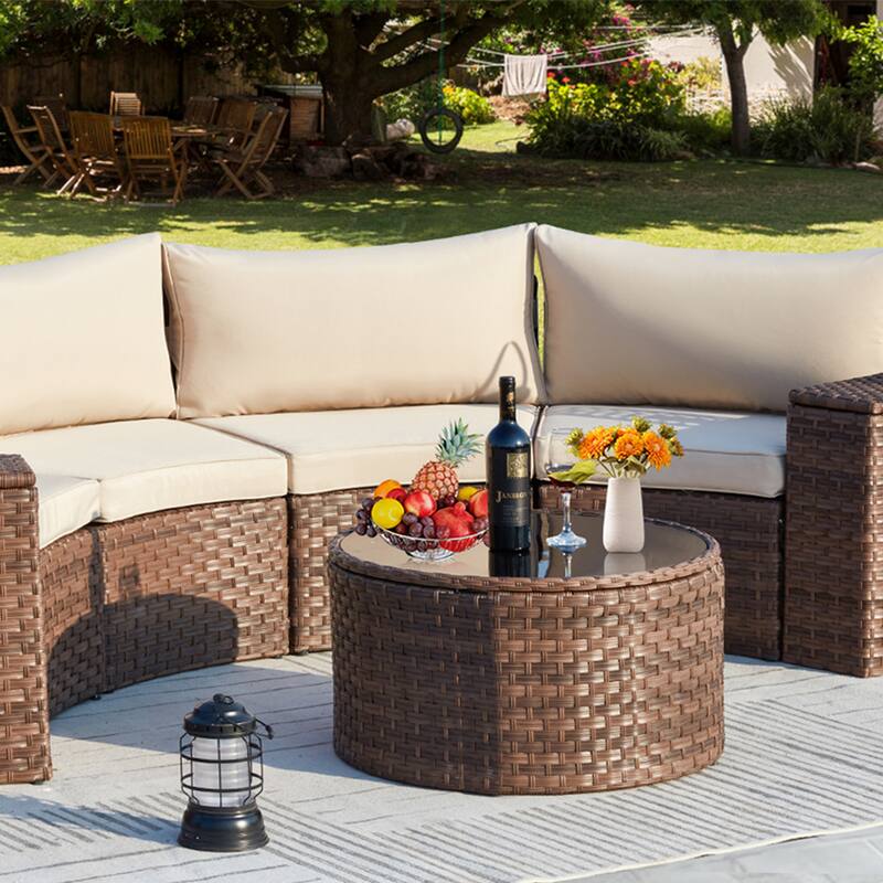AVAWING 7 Pieces Half Moon Patio Conversation Set PE Wicker Sectional Sofa