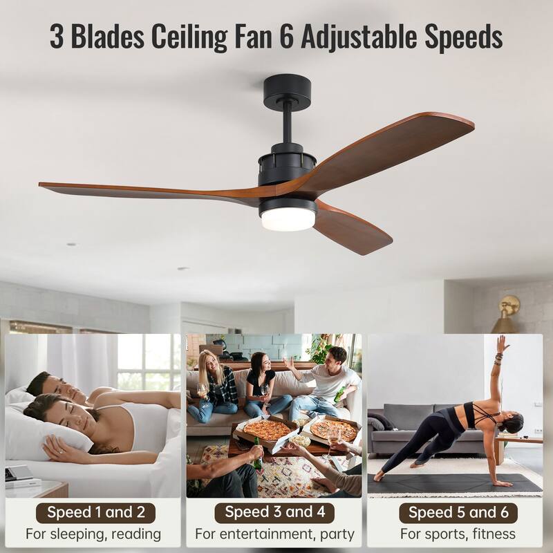 Sofucor 60Inch Ceiling Fan Solid Wood Blades with Light Remote Control,Indoor/Outdoor with Reversible DC Motor for Bedroom Patio